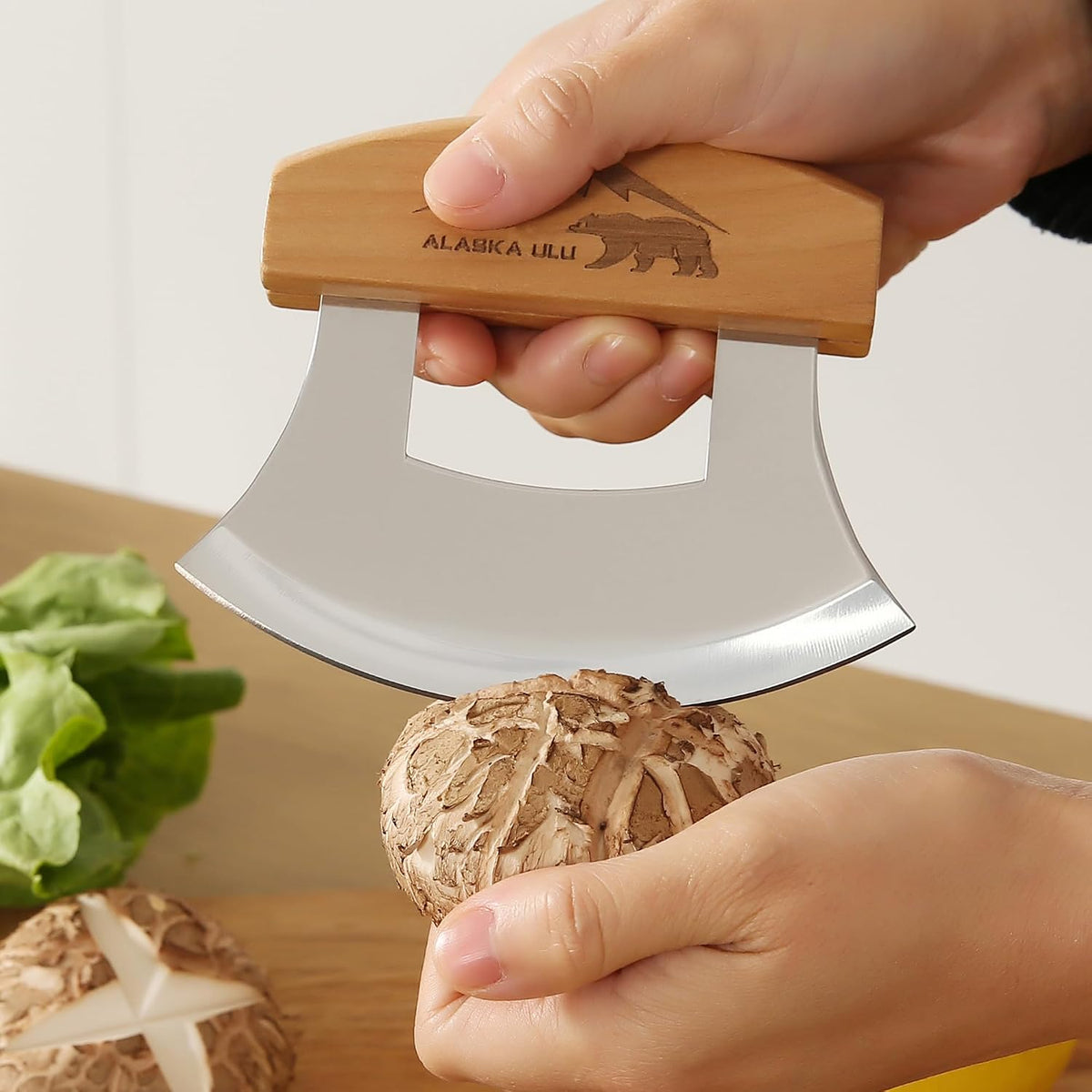 5inch Alaskan Mezzaluna Ulu Knife, Salad Veggies Rocker Chopper Slicer Cutter Hashing Chopping Mincing Cleaver with Wooden Stand Arthritic Tool