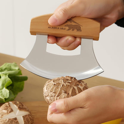 5inch Alaskan Mezzaluna Ulu Knife, Salad Veggies Rocker Chopper Slicer Cutter Hashing Chopping Mincing Cleaver with Wooden Stand Arthritic Tool