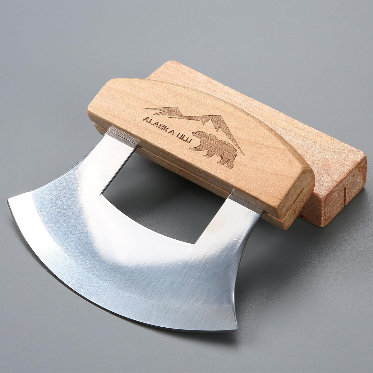 5inch Alaskan Mezzaluna Ulu Knife, Salad Veggies Rocker Chopper Slicer Cutter Hashing Chopping Mincing Cleaver with Wooden Stand Arthritic Tool