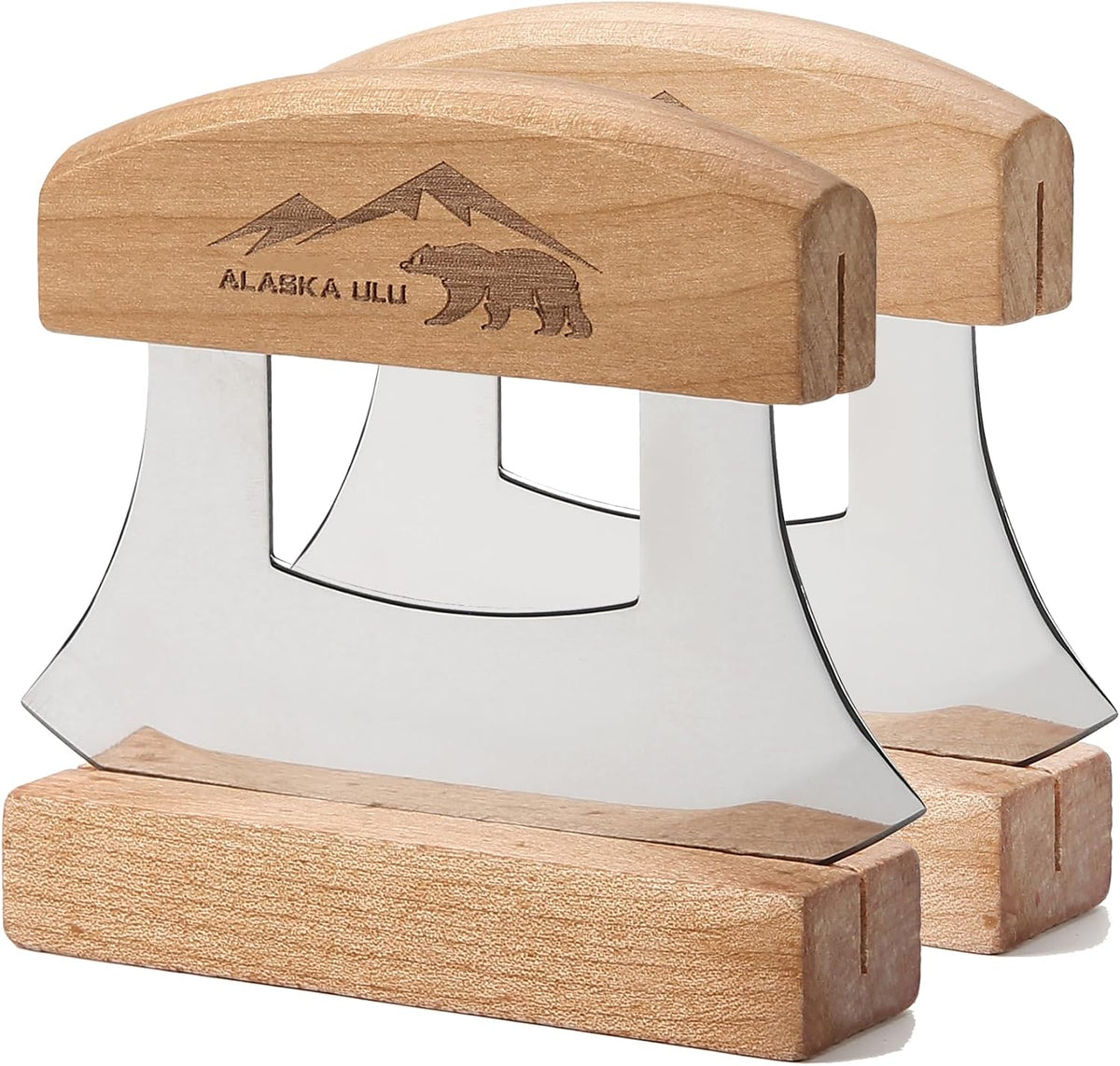 5inch Alaskan Mezzaluna Ulu Knife, Salad Veggies Rocker Chopper Slicer Cutter Hashing Chopping Mincing Cleaver with Wooden Stand Arthritic Tool