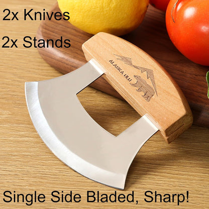 5inch Alaskan Mezzaluna Ulu Knife, Salad Veggies Rocker Chopper Slicer Cutter Hashing Chopping Mincing Cleaver with Wooden Stand Arthritic Tool