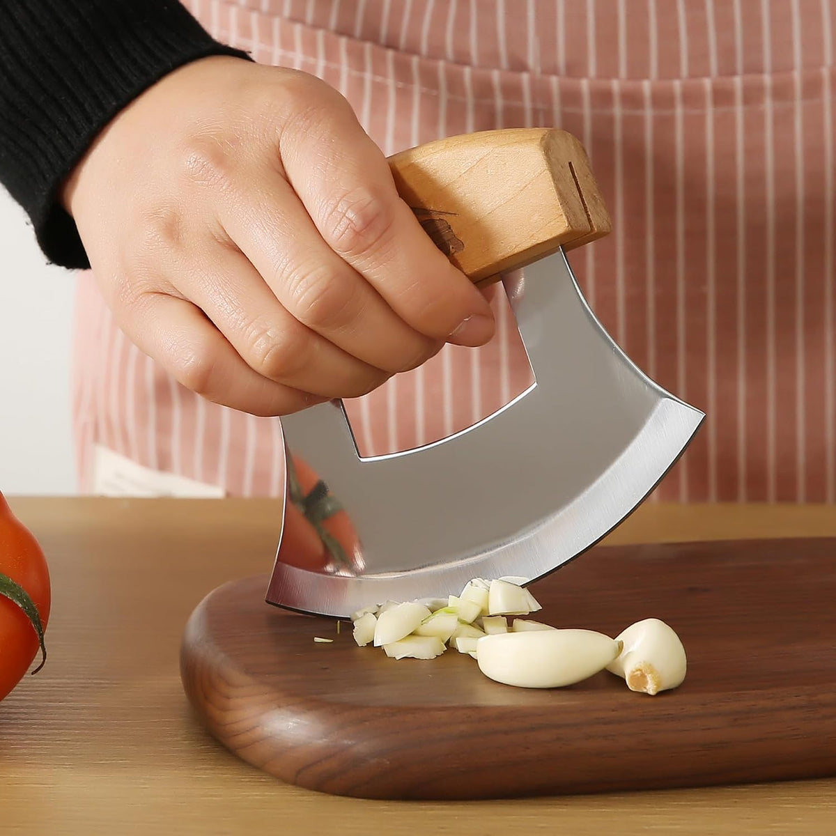 5inch Alaskan Mezzaluna Ulu Knife, Salad Veggies Rocker Chopper Slicer Cutter Hashing Chopping Mincing Cleaver with Wooden Stand Arthritic Tool