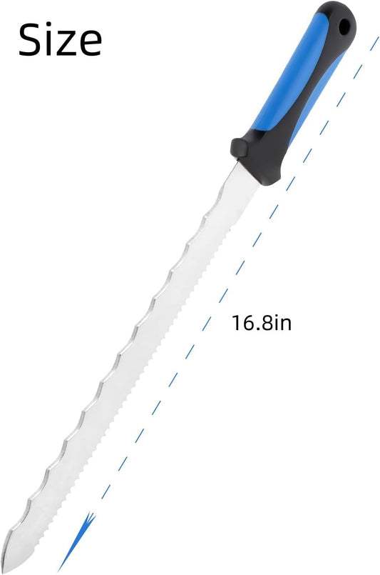 Insulation Knife with Sheath, 16.8" Serrated Blade | Double-sided serrated steel blade, portable sheath, cuts foam, rockwool, fiberglass and sod;spray foam knife