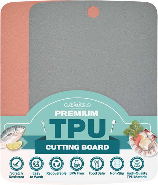 TPU Cutting Board Set of 2 9"x12" - Flexible Cutting Mats for Kitchen Knife Friendly, Cutting Mat Non-Slip Chopping Board Double Sided Scratch Resistant Food Grade Pink Gray