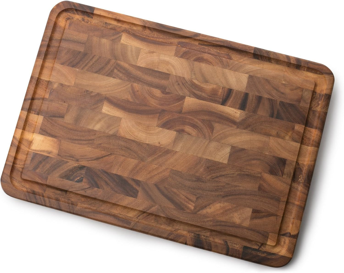 Gourmet Charleston End Grain Board with Channel, Acacia Wood Brown 20 x 14 Inches | Knife Friendly End Grain | Beautiful Acacia Wood | Large Board for Cutting, Carving & Serving | Mess Free Juice Channel