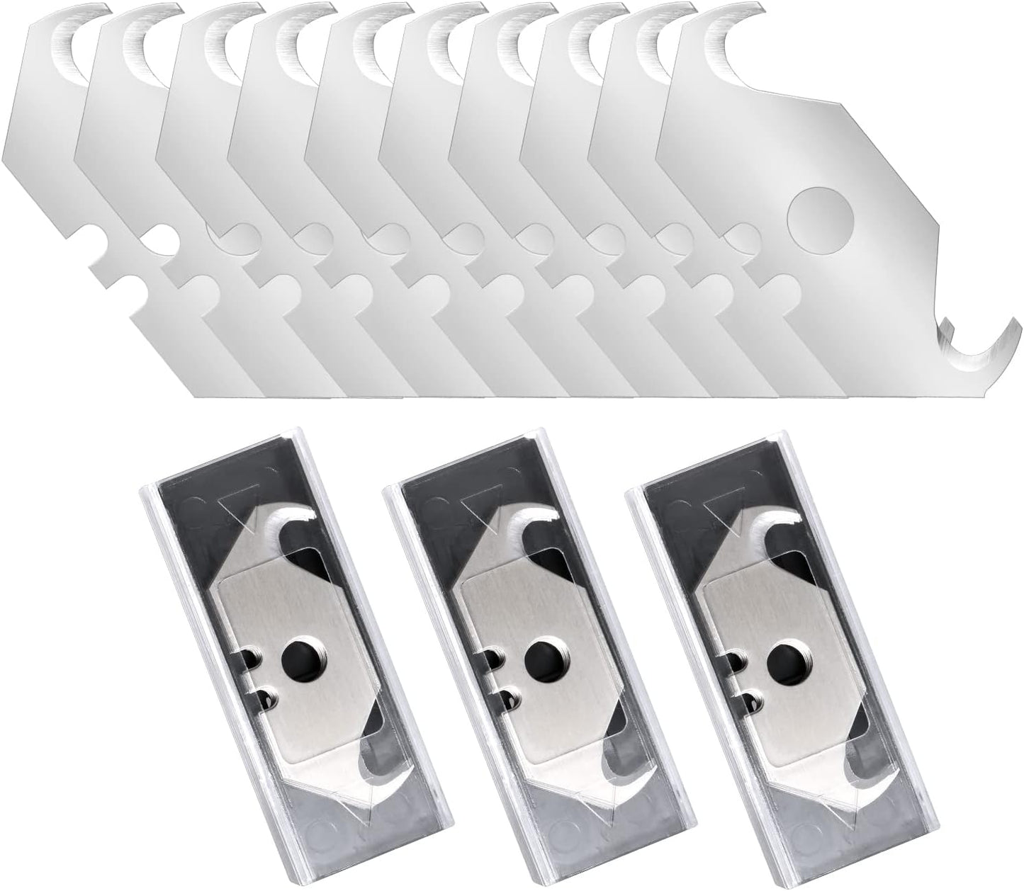 30 Pack Utility Knife Hook Blades, SK5 Steel Box Cutter Razor Blades | Standard Replacement Blades w/ Plastic Case for Box Cutter Refills Cutting Cardboard, Leather, Drywall, Carpet, Rope, etc