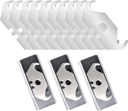 30 Pack Utility Knife Hook Blades, SK5 Steel Box Cutter Razor Blades | Standard Replacement Blades w/ Plastic Case for Box Cutter Refills Cutting Cardboard, Leather, Drywall, Carpet, Rope, etc