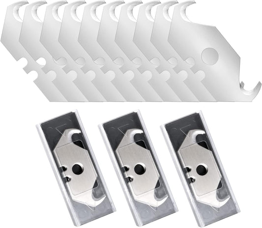 30 Pack Utility Knife Hook Blades, SK5 Steel Box Cutter Razor Blades | Standard Replacement Blades w/ Plastic Case for Box Cutter Refills Cutting Cardboard, Leather, Drywall, Carpet, Rope, etc
