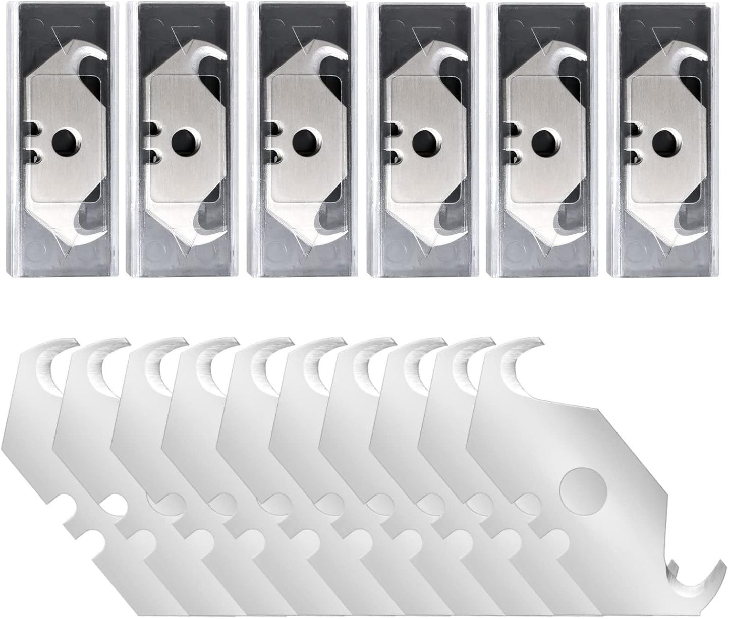 30 Pack Utility Knife Hook Blades, SK5 Steel Box Cutter Razor Blades | Standard Replacement Blades w/ Plastic Case for Box Cutter Refills Cutting Cardboard, Leather, Drywall, Carpet, Rope, etc