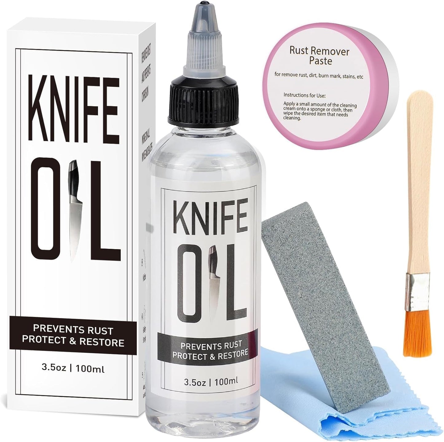 Knife Blade Oil & Honing Oil - Knife Maintenance Oil Prevent Rust - Rust Remover Knives Oil Protects Carbon Steel Knives & Sharpening Stone - Protection ＆ Lubricant Knife Care Cleaning Set (5PCS)