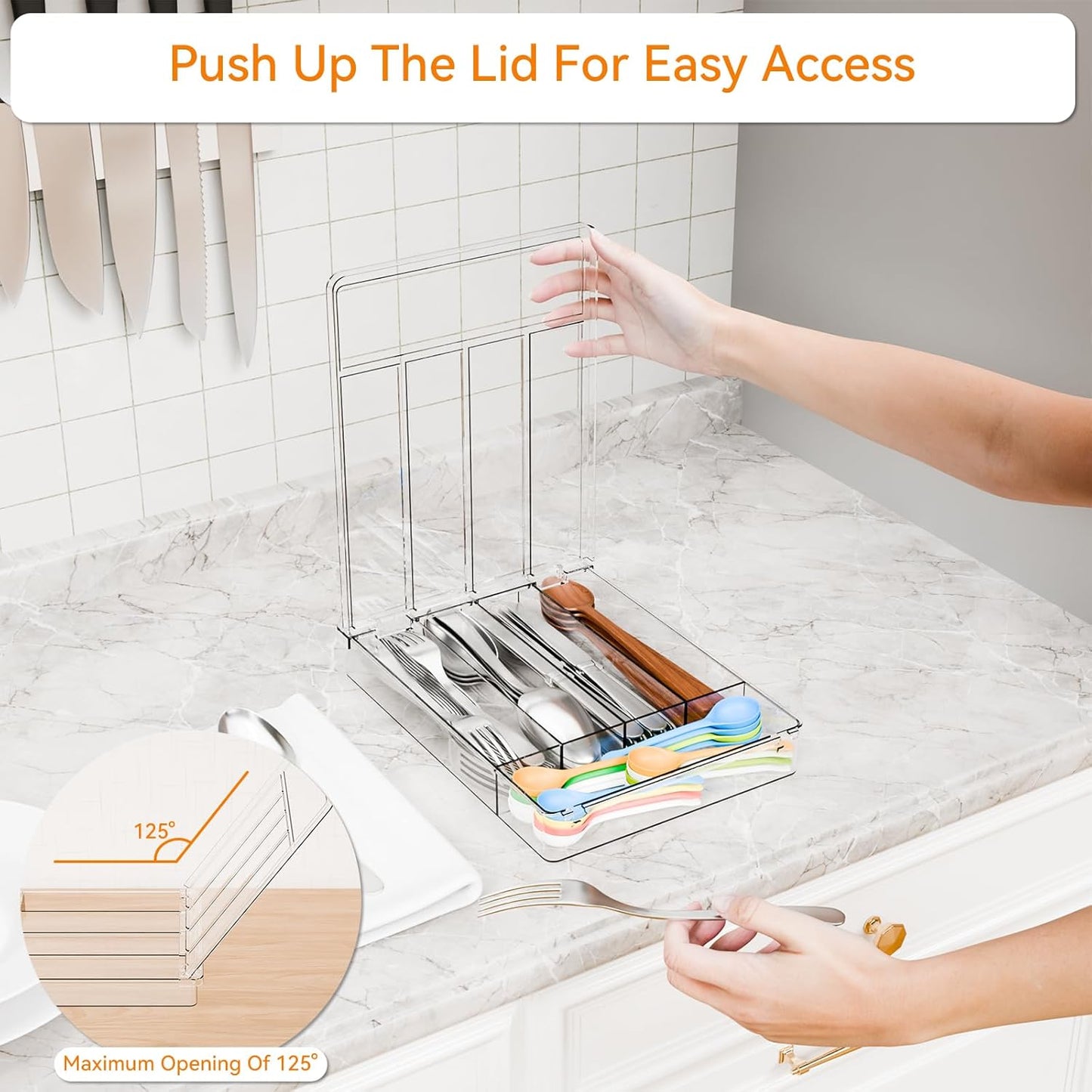 Clear Silverware Organizer with Lid - 9 inch Wide - Small Silverware Drawer Organizer & Tray and Utensil Drawer Organizers with Lid,BPA Free Plastic Flatware Drawers Organizers for Fork,Spoon