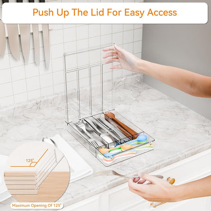 Clear Silverware Organizer with Lid - 9 inch Wide - Small Silverware Drawer Organizer & Tray and Utensil Drawer Organizers with Lid,BPA Free Plastic Flatware Drawers Organizers for Fork,Spoon