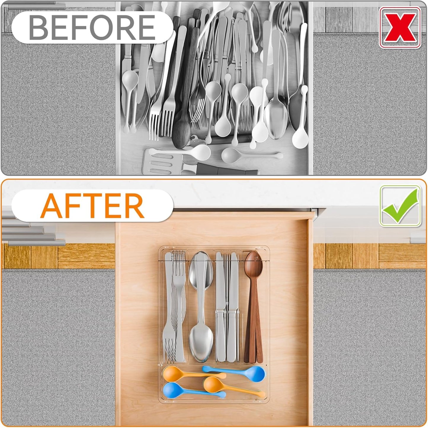 Clear Silverware Organizer with Lid - 9 inch Wide - Small Silverware Drawer Organizer & Tray and Utensil Drawer Organizers with Lid,BPA Free Plastic Flatware Drawers Organizers for Fork,Spoon
