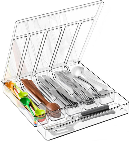 Clear Silverware Organizer with Lid - 9 inch Wide - Small Silverware Drawer Organizer & Tray and Utensil Drawer Organizers with Lid,BPA Free Plastic Flatware Drawers Organizers for Fork,Spoon