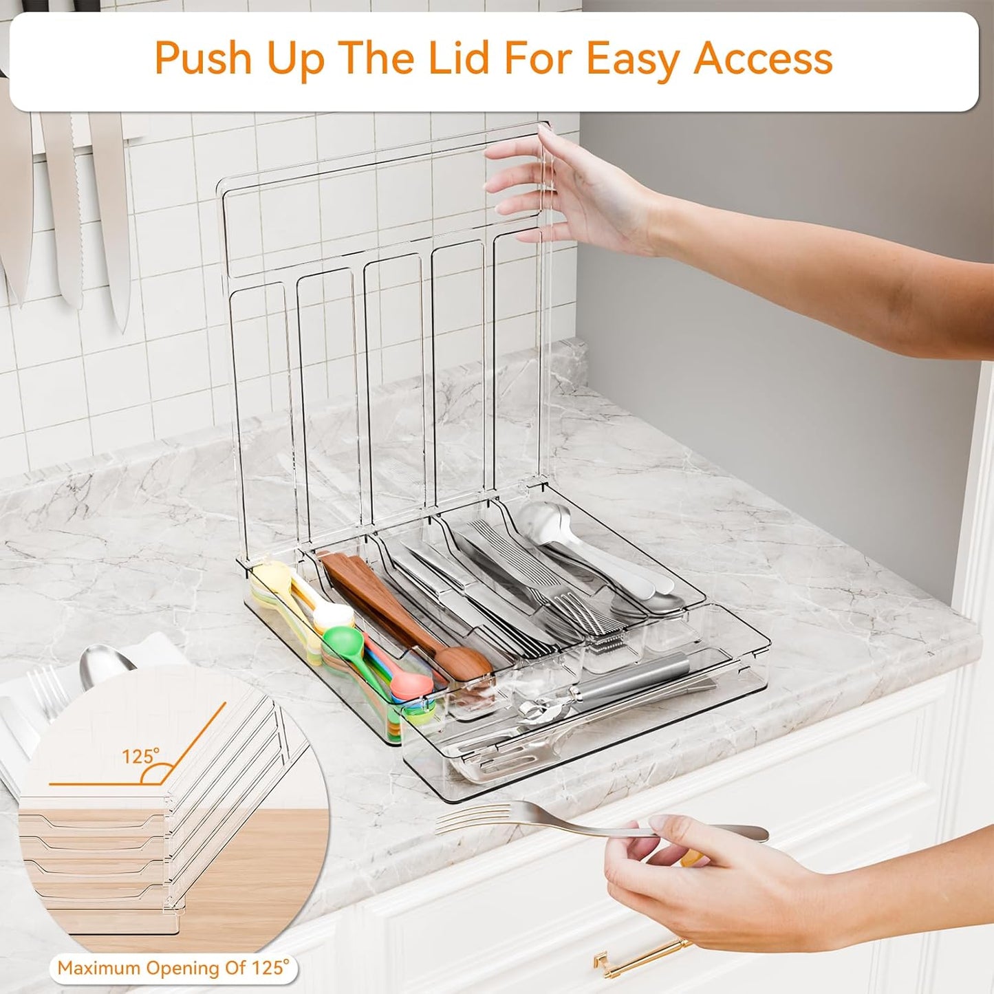 Clear Silverware Organizer with Lid - 9 inch Wide - Small Silverware Drawer Organizer & Tray and Utensil Drawer Organizers with Lid,BPA Free Plastic Flatware Drawers Organizers for Fork,Spoon