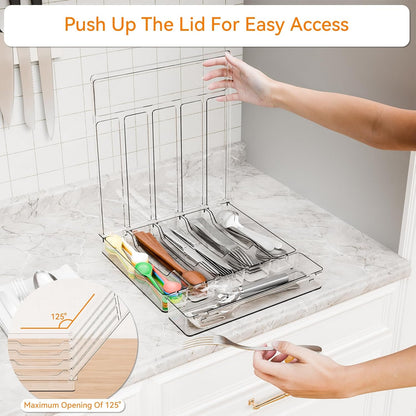 Clear Silverware Organizer with Lid - 9 inch Wide - Small Silverware Drawer Organizer & Tray and Utensil Drawer Organizers with Lid,BPA Free Plastic Flatware Drawers Organizers for Fork,Spoon