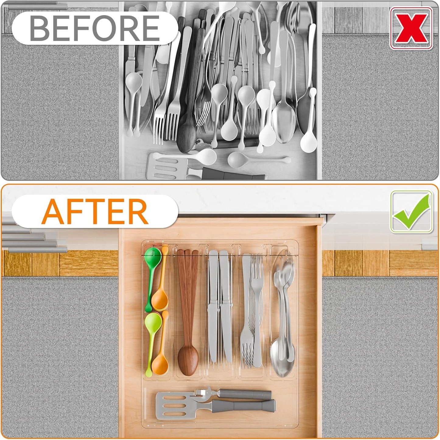 Clear Silverware Organizer with Lid - 9 inch Wide - Small Silverware Drawer Organizer & Tray and Utensil Drawer Organizers with Lid,BPA Free Plastic Flatware Drawers Organizers for Fork,Spoon