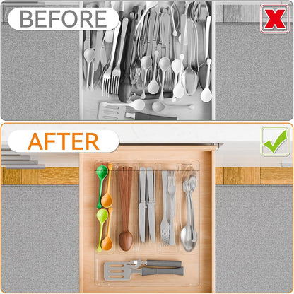 Clear Silverware Organizer with Lid - 9 inch Wide - Small Silverware Drawer Organizer & Tray and Utensil Drawer Organizers with Lid,BPA Free Plastic Flatware Drawers Organizers for Fork,Spoon