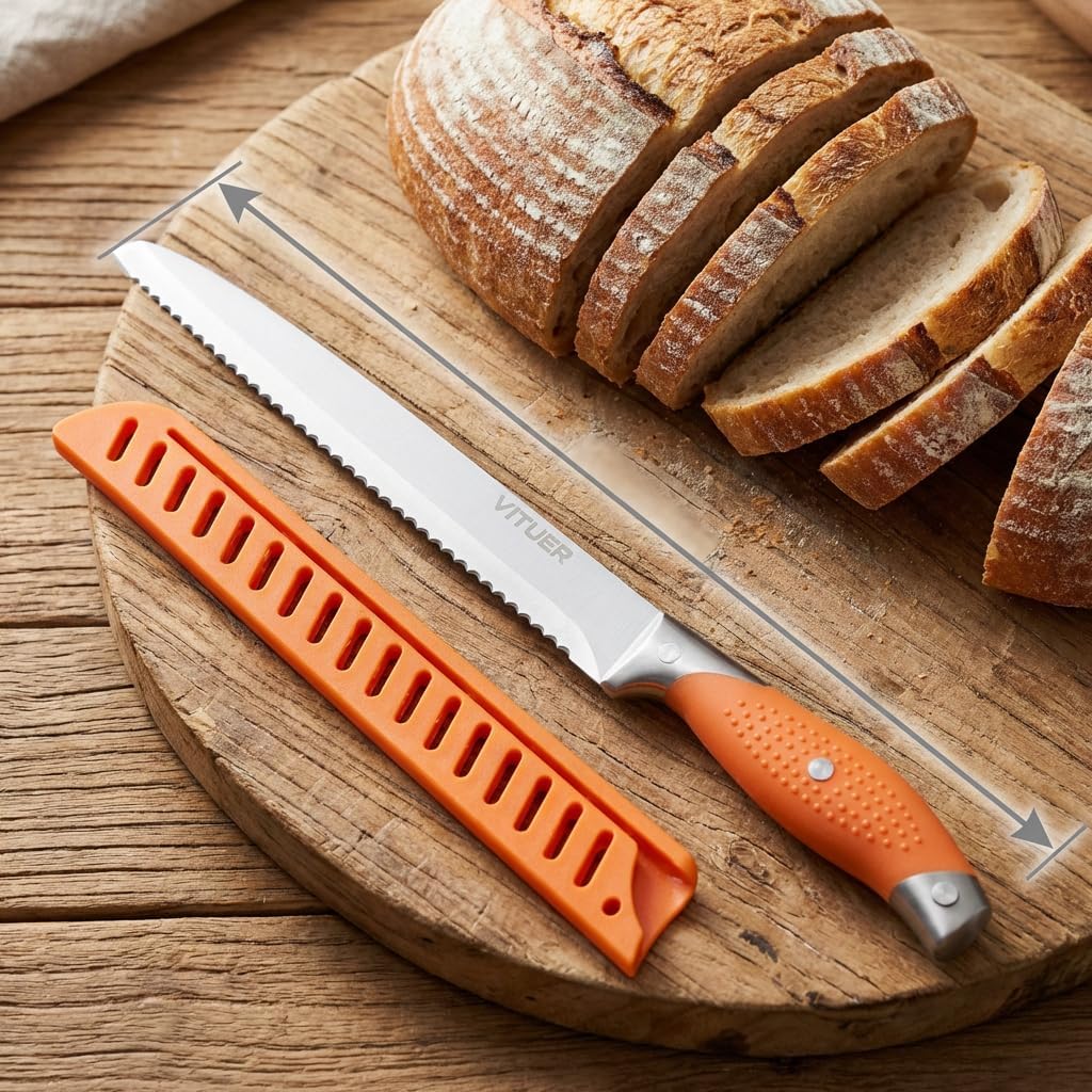 Bread Knife with Cover, 8 inch Serrated Bread Knife for homemade bread, Bread Cutter Ideal for Slicing Homemade Bread, Bagels, Cake (8-Inch Blade with 5-Inch Handle)