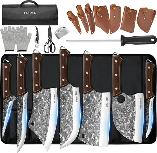 Butcher Knife Set, 14PCS Hand Forged Butcher Chef Knife Set with Roll Bag, Heavy Duty Meat Cleaver Knife, Fillet Knives, Meat Cutting Knife for Kitchen, Camping BBQ, Gift for Men
