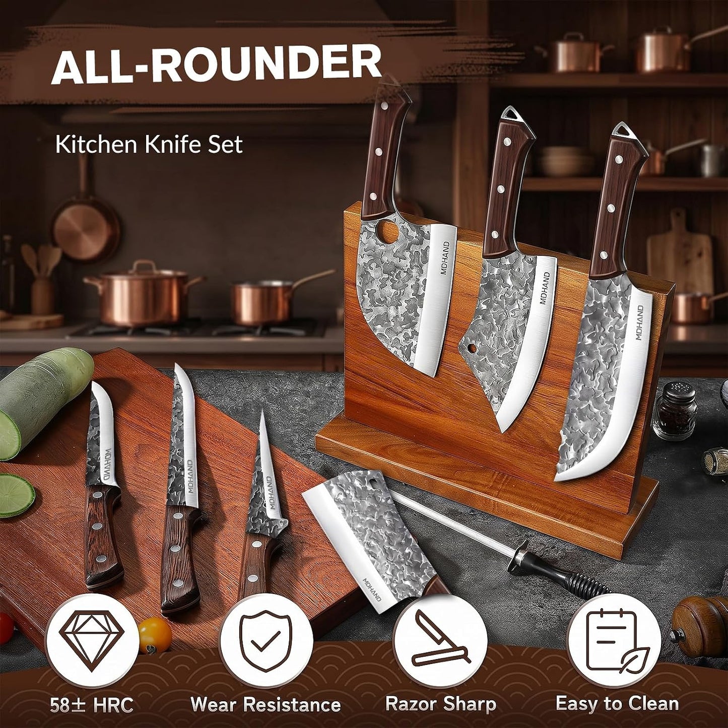 Butcher Knife Set, 14PCS Hand Forged Butcher Chef Knife Set with Roll Bag, Heavy Duty Meat Cleaver Knife, Fillet Knives, Meat Cutting Knife for Kitchen, Camping BBQ, Gift for Men