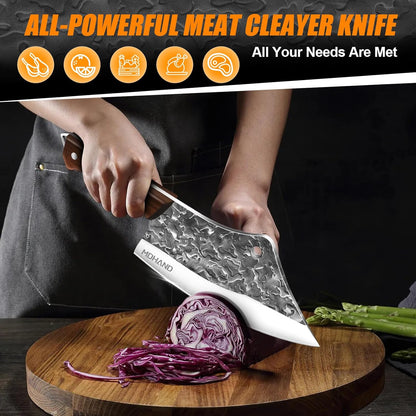 Butcher Knife Set, 14PCS Hand Forged Butcher Chef Knife Set with Roll Bag, Heavy Duty Meat Cleaver Knife, Fillet Knives, Meat Cutting Knife for Kitchen, Camping BBQ, Gift for Men