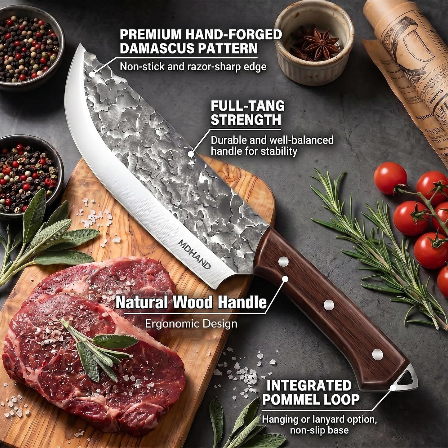 Butcher Knife Set, 14PCS Hand Forged Butcher Chef Knife Set with Roll Bag, Heavy Duty Meat Cleaver Knife, Fillet Knives, Meat Cutting Knife for Kitchen, Camping BBQ, Gift for Men