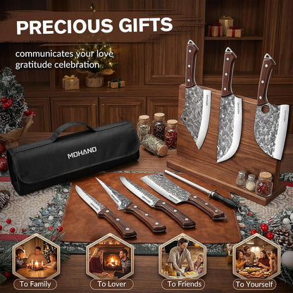 Butcher Knife Set, 14PCS Hand Forged Butcher Chef Knife Set with Roll Bag, Heavy Duty Meat Cleaver Knife, Fillet Knives, Meat Cutting Knife for Kitchen, Camping BBQ, Gift for Men