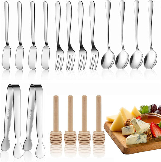 Charcuterie Board Accessories, 18 Pieces Silver Stainless Steel Spreader Knives Set for Charcuterie Utensils, Mini Serving Tongs Spoons Forks and Honey Dippers