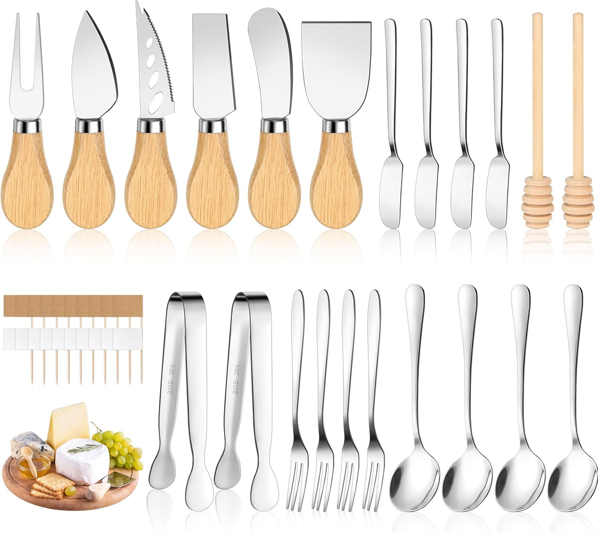 Charcuterie Board Accessories, 18 Pieces Silver Stainless Steel Spreader Knives Set for Charcuterie Utensils, Mini Serving Tongs Spoons Forks and Honey Dippers