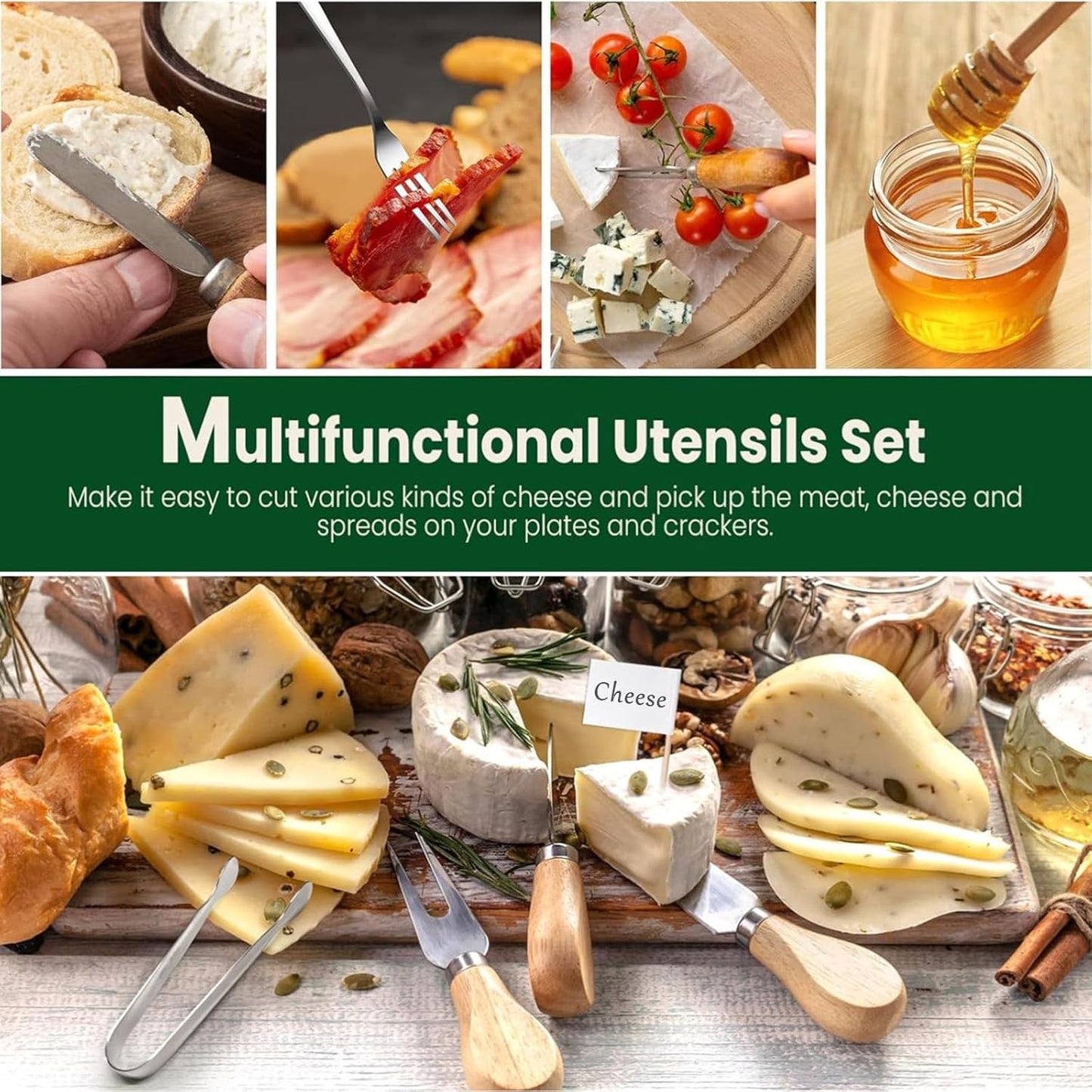 Charcuterie Board Accessories, 18 Pieces Silver Stainless Steel Spreader Knives Set for Charcuterie Utensils, Mini Serving Tongs Spoons Forks and Honey Dippers