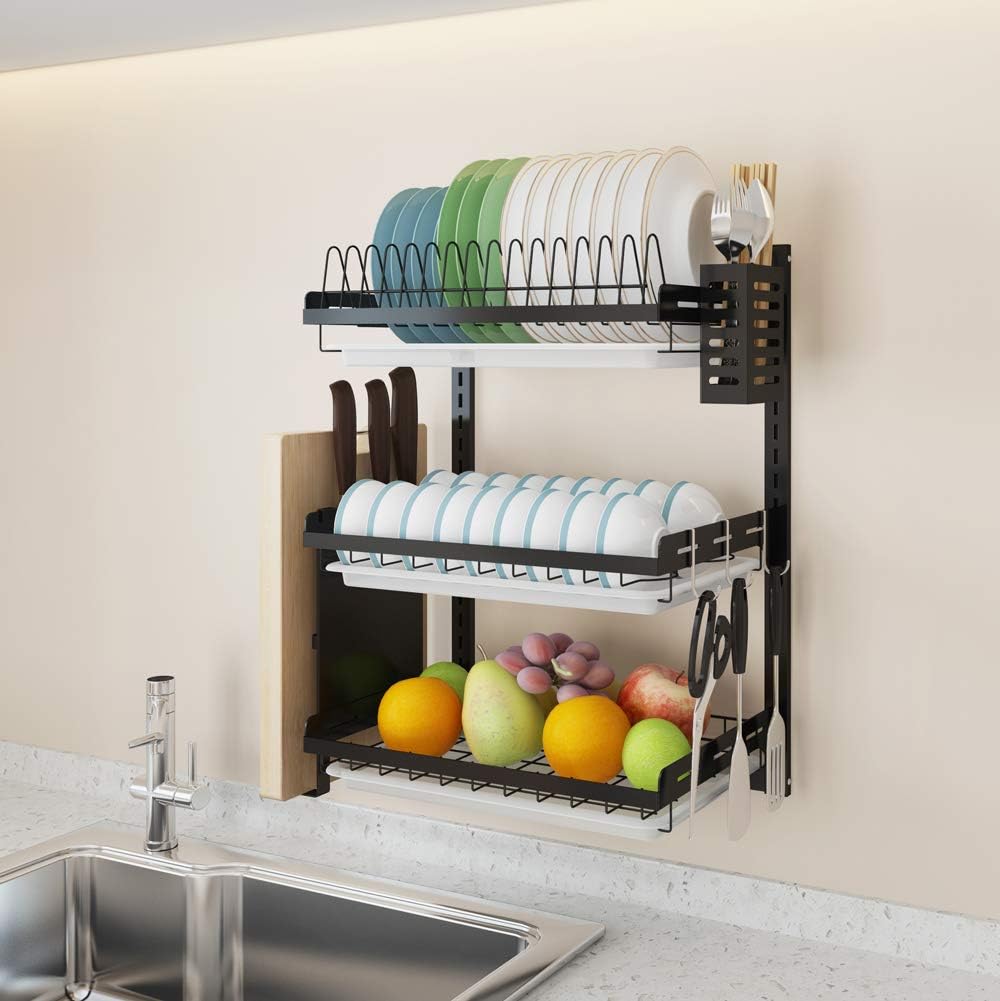 3 Tier Black Stainless Steel Dish Drying Rack Fruit Vegetable Storage Basket with Drainboard and Hanging Chopsticks Cage Knife Holder Wall Mounted Kitchen Supplies Shelf Utensils Organizer