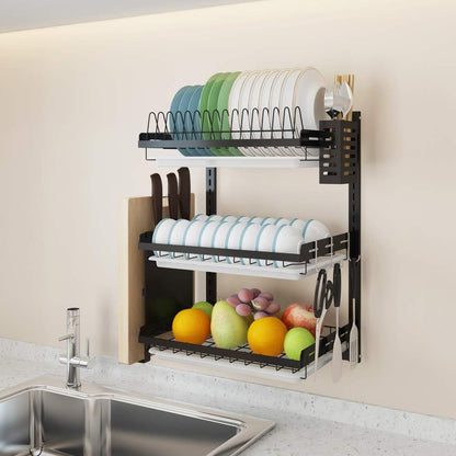 3 Tier Black Stainless Steel Dish Drying Rack Fruit Vegetable Storage Basket with Drainboard and Hanging Chopsticks Cage Knife Holder Wall Mounted Kitchen Supplies Shelf Utensils Organizer
