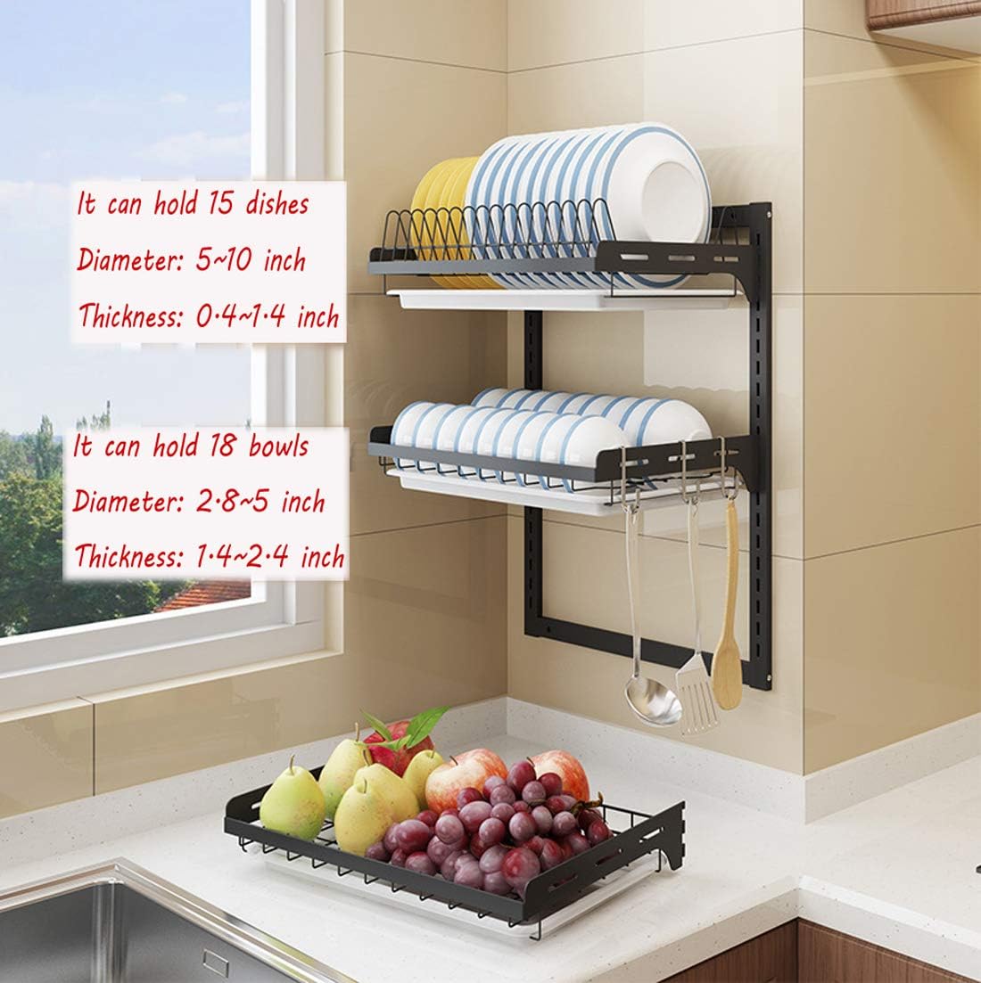 3 Tier Black Stainless Steel Dish Drying Rack Fruit Vegetable Storage Basket with Drainboard and Hanging Chopsticks Cage Knife Holder Wall Mounted Kitchen Supplies Shelf Utensils Organizer