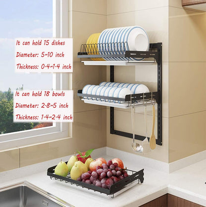 3 Tier Black Stainless Steel Dish Drying Rack Fruit Vegetable Storage Basket with Drainboard and Hanging Chopsticks Cage Knife Holder Wall Mounted Kitchen Supplies Shelf Utensils Organizer