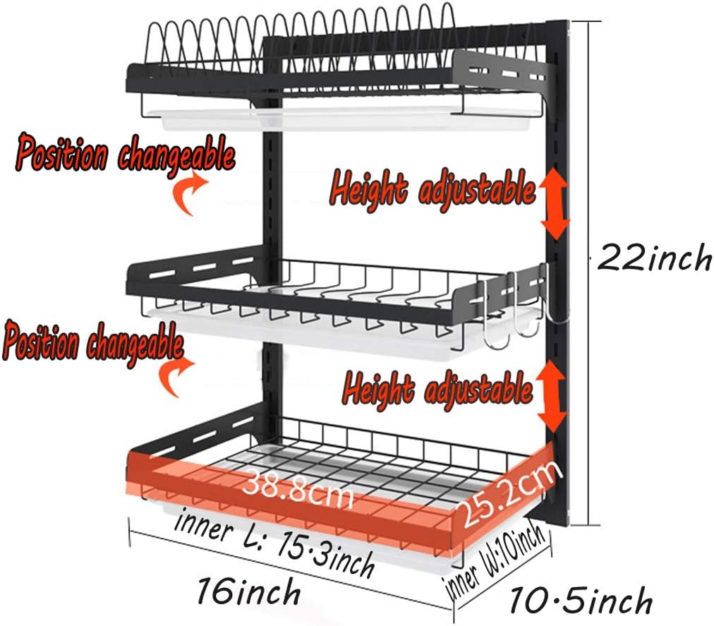 3 Tier Black Stainless Steel Dish Drying Rack Fruit Vegetable Storage Basket with Drainboard and Hanging Chopsticks Cage Knife Holder Wall Mounted Kitchen Supplies Shelf Utensils Organizer