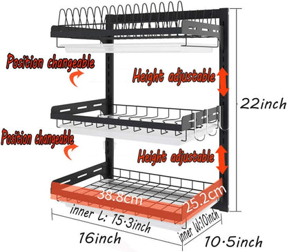 3 Tier Black Stainless Steel Dish Drying Rack Fruit Vegetable Storage Basket with Drainboard and Hanging Chopsticks Cage Knife Holder Wall Mounted Kitchen Supplies Shelf Utensils Organizer