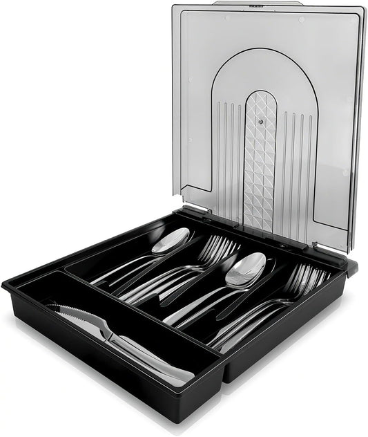 5-compartment kitchen utensil storage box with transparent lid - a fixed-compartment cutlery tray for kitchen drawer storage, a dust-proof container for forks, spoons, and knives