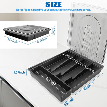 5-compartment kitchen utensil storage box with transparent lid - a fixed-compartment cutlery tray for kitchen drawer storage, a dust-proof container for forks, spoons, and knives