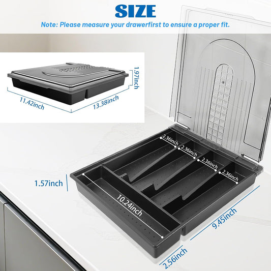 5-compartment kitchen utensil storage box with transparent lid - a fixed-compartment cutlery tray for kitchen drawer storage, a dust-proof container for forks, spoons, and knives