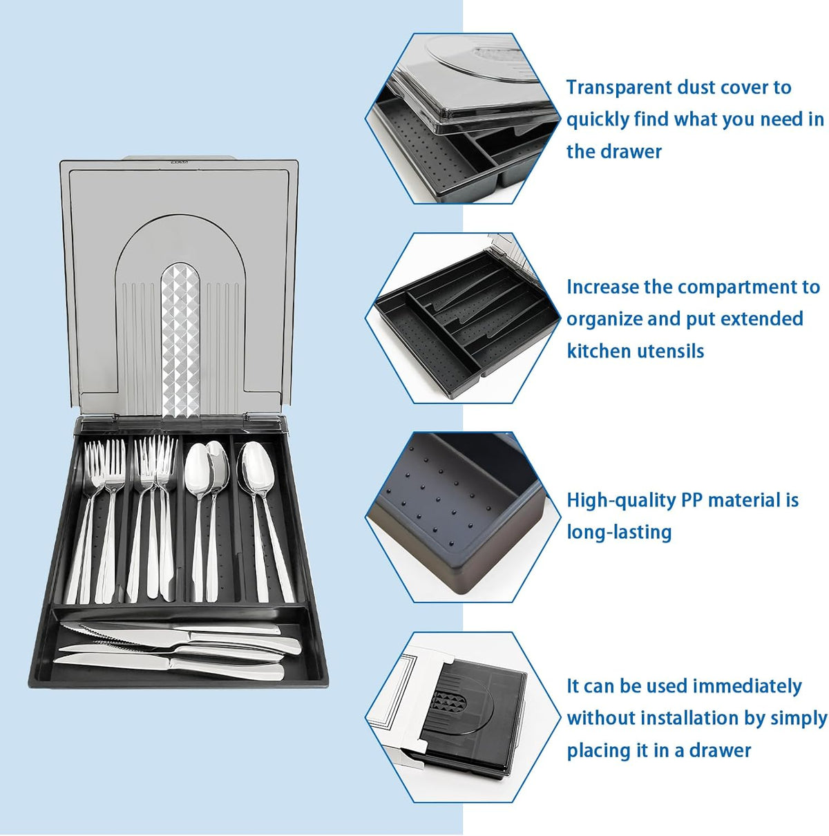 5-compartment kitchen utensil storage box with transparent lid - a fixed-compartment cutlery tray for kitchen drawer storage, a dust-proof container for forks, spoons, and knives
