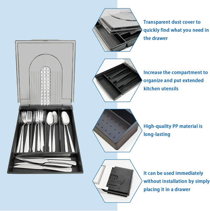 5-compartment kitchen utensil storage box with transparent lid - a fixed-compartment cutlery tray for kitchen drawer storage, a dust-proof container for forks, spoons, and knives