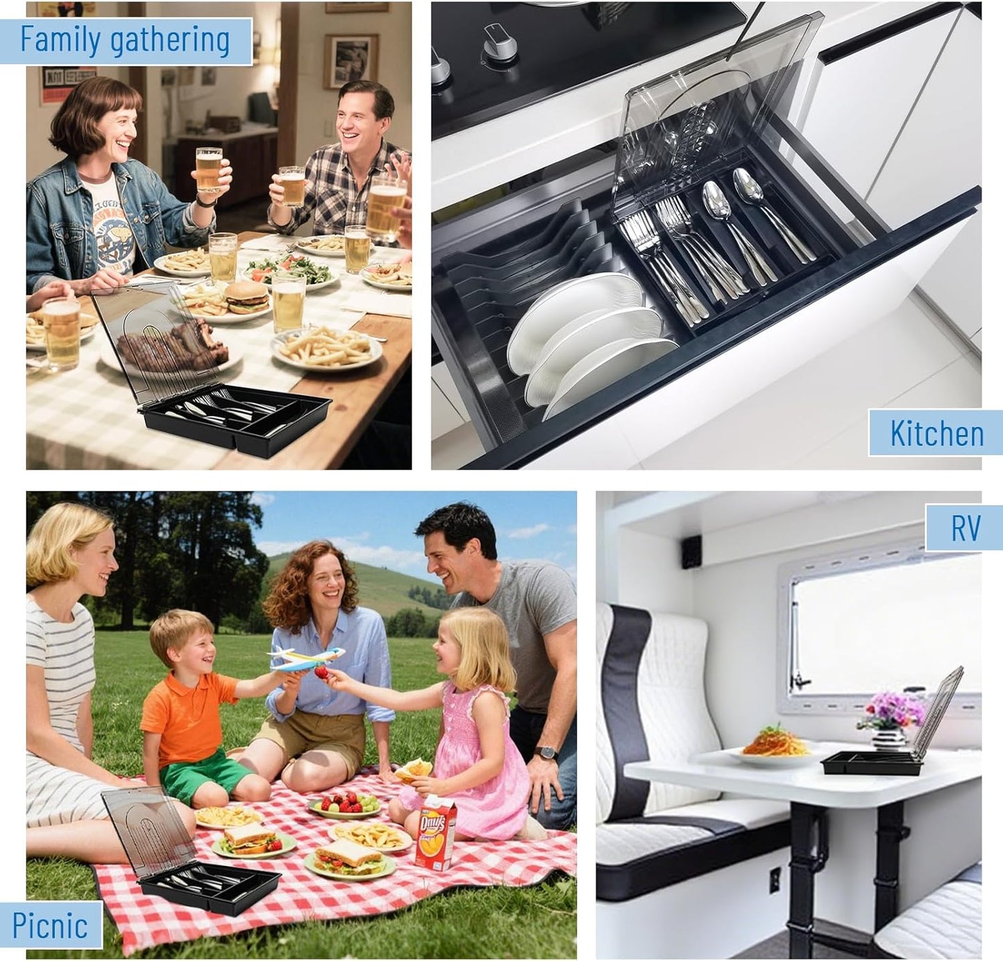 5-compartment kitchen utensil storage box with transparent lid - a fixed-compartment cutlery tray for kitchen drawer storage, a dust-proof container for forks, spoons, and knives