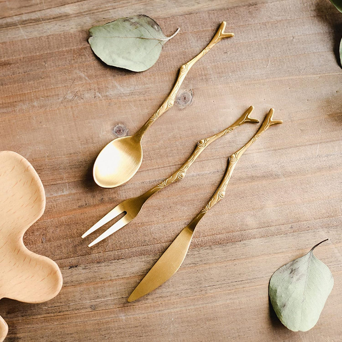 Forks Set Stainless Steel Mini Fruits Appetizer Salad Cake Fork & Knife Set for Banquet Party Seafood Cocktail Dessert, 3 Piece Flatware Set, Gold