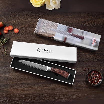 EDIB Meat Carving Knife, 7-Inch High Carbon Stainless Steel Blade | Meat knife for BBQ, roasts, and poultry, kitchen knife with VG10 Damascus blade and ergonomic pakkawood handle in gift box.