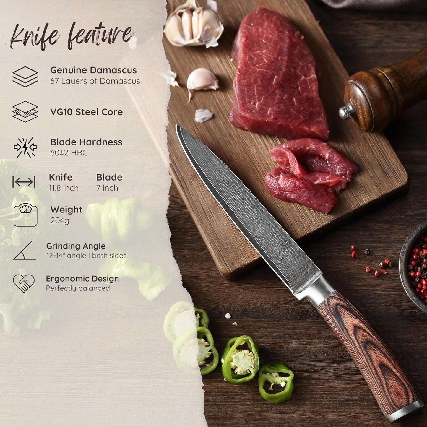 EDIB Meat Carving Knife, 7-Inch High Carbon Stainless Steel Blade | Meat knife for BBQ, roasts, and poultry, kitchen knife with VG10 Damascus blade and ergonomic pakkawood handle in gift box.