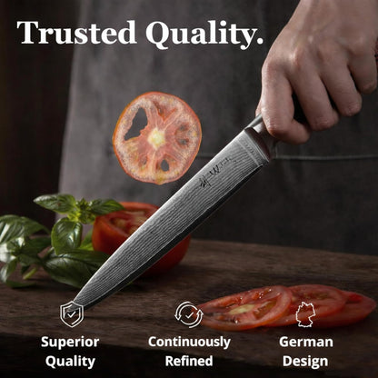 EDIB Meat Carving Knife, 7-Inch High Carbon Stainless Steel Blade | Meat knife for BBQ, roasts, and poultry, kitchen knife with VG10 Damascus blade and ergonomic pakkawood handle in gift box.
