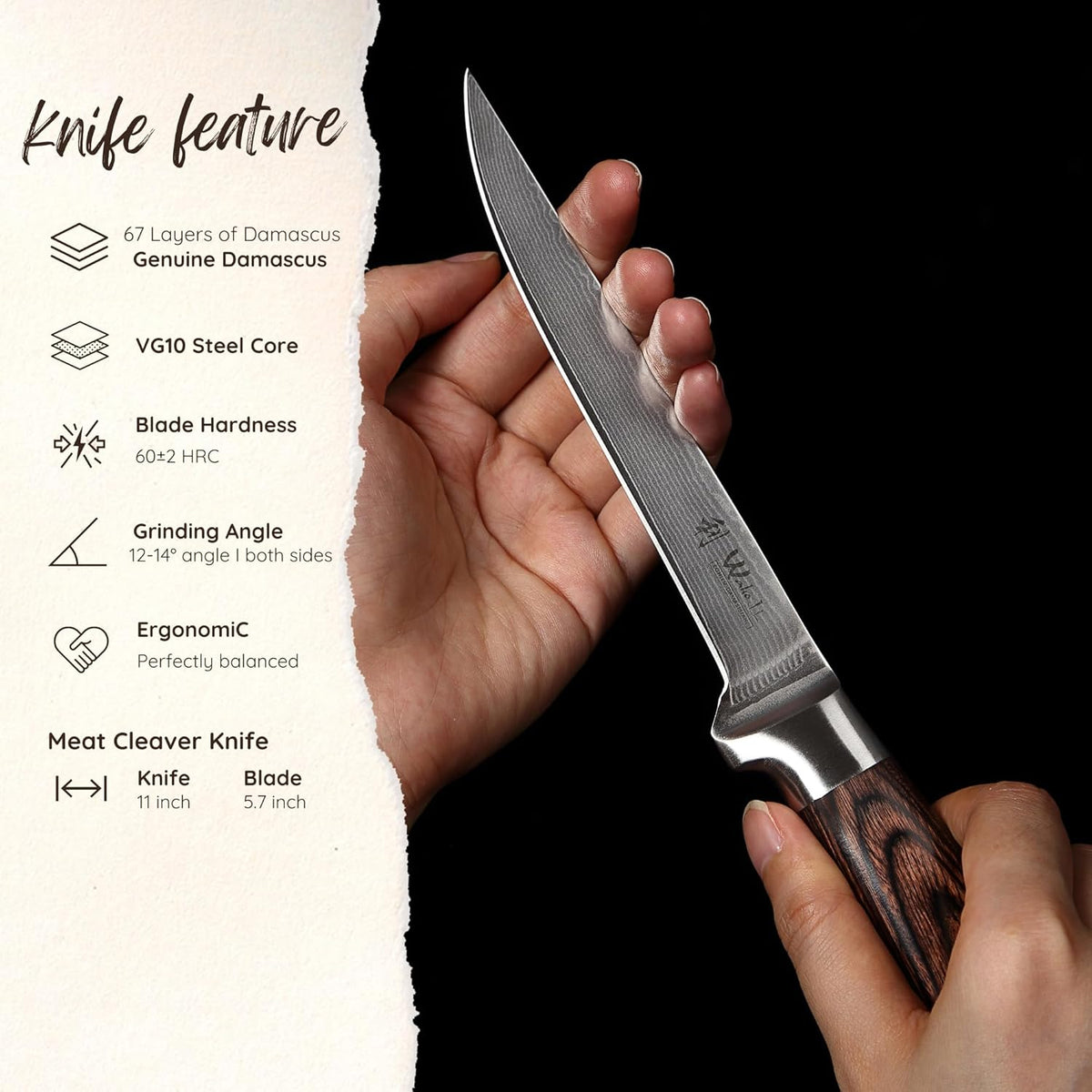 EDIB Meat Carving Knife, 7-Inch High Carbon Stainless Steel Blade | Meat knife for BBQ, roasts, and poultry, kitchen knife with VG10 Damascus blade and ergonomic pakkawood handle in gift box.