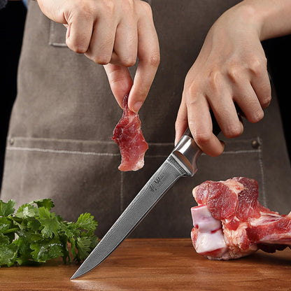 EDIB Meat Carving Knife, 7-Inch High Carbon Stainless Steel Blade | Meat knife for BBQ, roasts, and poultry, kitchen knife with VG10 Damascus blade and ergonomic pakkawood handle in gift box.