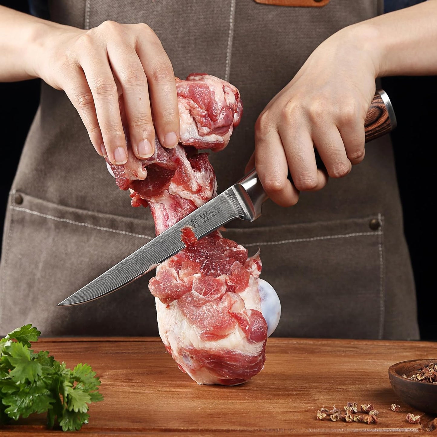 EDIB Meat Carving Knife, 7-Inch High Carbon Stainless Steel Blade | Meat knife for BBQ, roasts, and poultry, kitchen knife with VG10 Damascus blade and ergonomic pakkawood handle in gift box.